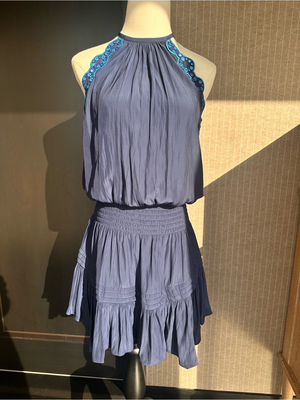 Ramy Brook Navy Halter Mini Dress with Turquoise Trim